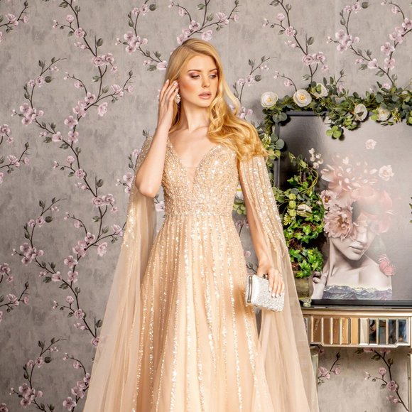 NEW LONG A-LINE MESH FOMRAL DRESS EMBROIDERED WITH SEQUINS & SIDE CAPES GL3494 - Picture 3 of 12